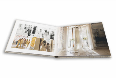 Wedding images designed into the wedding album showing the bridal preparations at Kingscote Barn in the Cotswolds