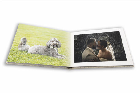 Photograph of the couple's dog and a rain image of the newly-weds at Kingscote Barn