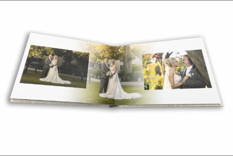 Open wedding album showing page layout design of Lynn and Ian’s wedding images in Leighton Buzzard, Bedfordshire