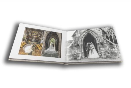 Wedding album images of Sarah and Lewis outside the church at Keele Hall in Staffordshire