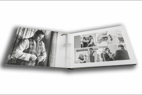 James, the groom, preparing for his The Ashes Barns wedding in Staffordshire. Wedding album images by John Fox.