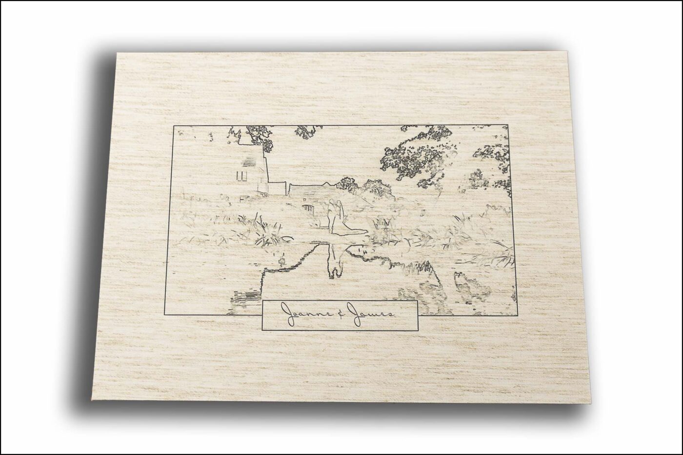 Wedding album presentation box including a bespoke line drawing on the cover of The Ashes Barns in Staffordshire