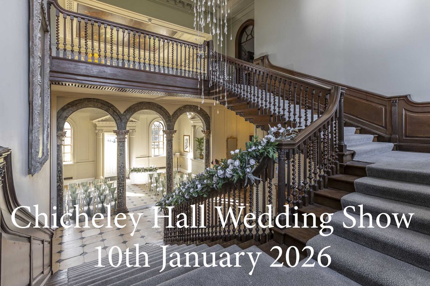 Wedding Show at Chicheley Hall Buckinghamshire on 10th January 2026. Image of its stunning staircase leading to the ceremony area.