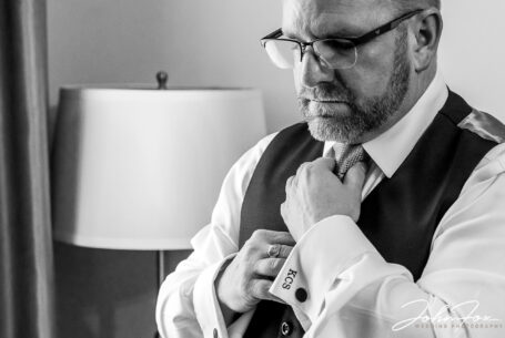 Kevin the Groom getting ready in his suite at Rushton Hall. Wedding packages in Northamptonshire
