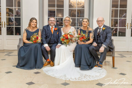 The bridesmaids and best man join Joanne and Kevin inside Rushton Hall, Northamptonshire