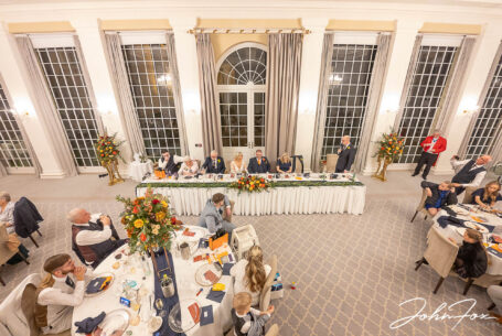 Image looking down on the Wedding celebrations at Rushton Hall for Joanne and Kevin's Northamptonshire wedding