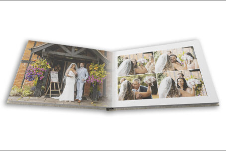 Wedding album open showing page design with images of the Hazel and Chris receiving congratulations from guests.