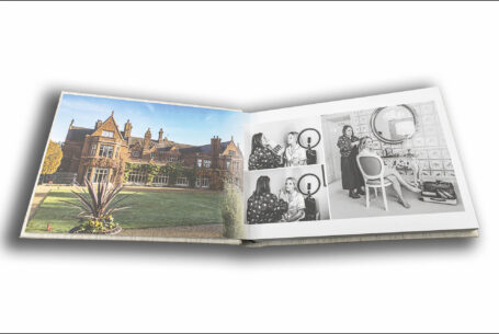 Tanya and Shane’s Holmewood Hall Wedding album opened at a page showing the stunning venue and the bridal preparations.