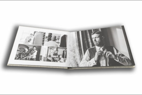 Tanya and Shane’s Holmewood Hall Wedding album opened at a page showing the groom and groomsmen getting ready. Images by John Fox Wedding Photography.