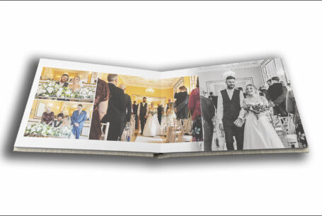 Tanya and Shane’s Holmewood Hall Wedding album opened at a page showing their Cambridgeshire wedding ceremony