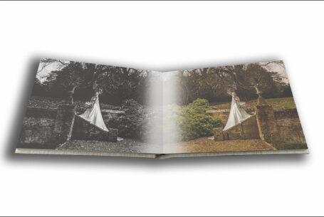 Tanya and Shane’s Holmewood Hall Wedding album opened at a page showing reversed images of the bride walking down steps in the venue's grounds