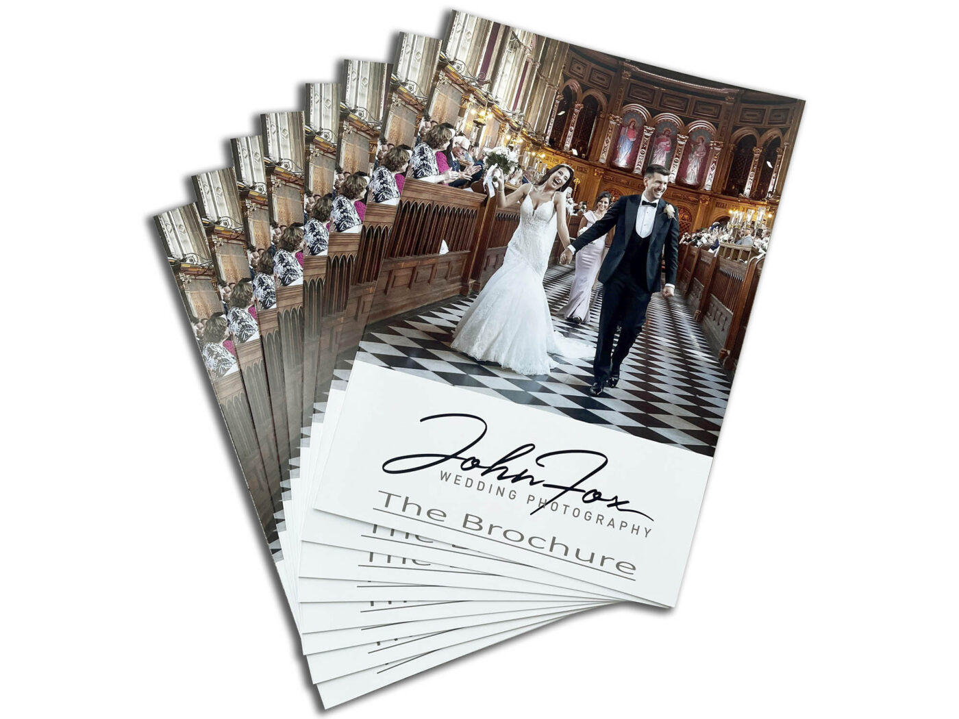 John Fox Wedding Photography brochures in a fan shape. Wedding Photographer covering the Midlands.