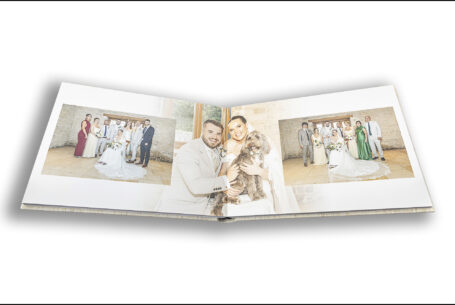 Wedding album images from Kingscote Barn showing family and friends of Gabrielle and William; and their dog.