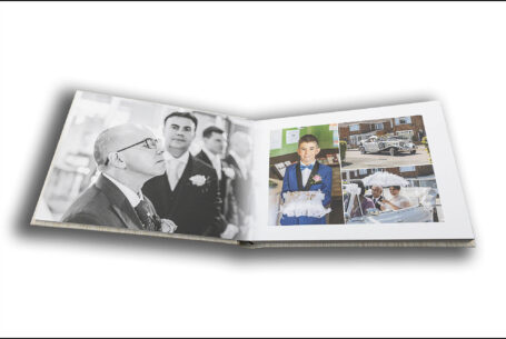 Wedding album by John Fox opened at a page showing the groom waiting at the Church and the arrival of the bride at the Putteridge Bury Wedding of Nisha and Marco