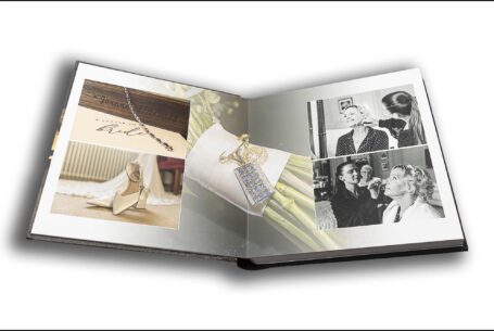 Wedding album showing page design of the bride getting ready at Rushton Hall