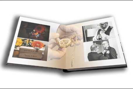 Wedding album open at the pages taken at Rushton Hall of Kevin the groom getting ready.