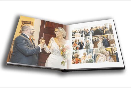 Wedding album images of Joanne and Kevin celebrating with family and friends after their Rushton Hall ceremony.