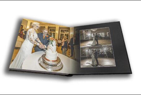 Joanne and Kevin's wedding album with images of them cutting the cake and their first dance at Rushton Hall.