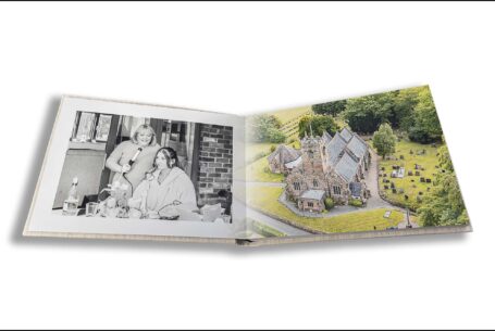 Parents Wedding Album opened at Sarah's bridal preparations and an aerial view of the church in Staffordshire.