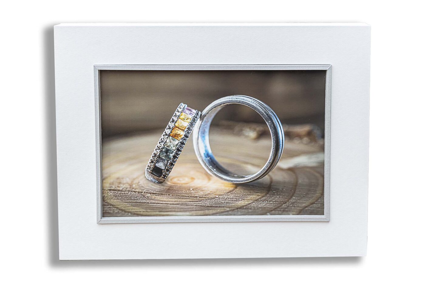 Buckinghamshire Wedding Photography Packages. Emily and Jason’s Wedding Album box cover with an image of the wedding rings.
