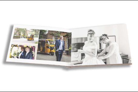 Emily and Jason’s Wedding Album opened at pages showing the the arrival of the groom and the bride's preparations,