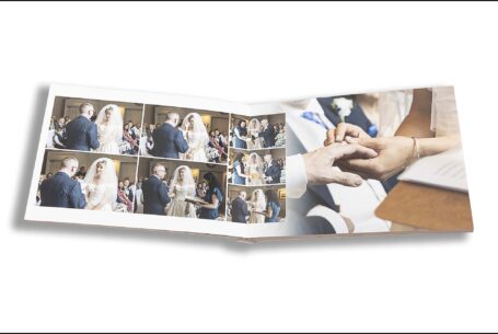 Emily and Jason’s Wedding Album opened at pages showing the wedding ceremony at The Holiday Inn Milton Keynes in Buckinghamshire