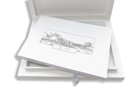 Zoe and Josh’s Wedding Album placed on its presentation box. Hertfordshire wedding photographer, John Fox