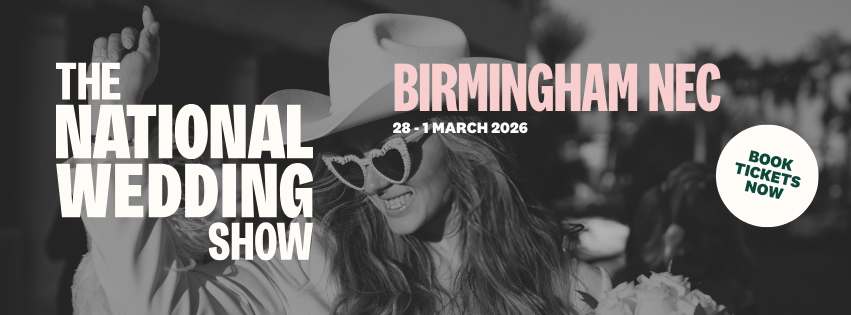John Fox Wedding Photography at the National Wedding Show NEC 28th February to 1st March 2026. Image of a flyer for the event with a bride-to-be wearing a cowboy hat and heart-shaped shades.