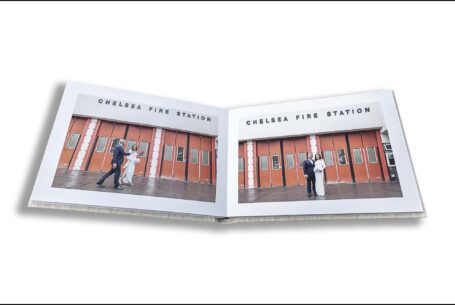 Amanda and Alex’s wedding album showing images of the happy couple outside Chelsea Fire Station