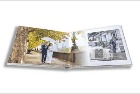 Amanda and Alex’s wedding album showing images of the newly-weds by the Thames and the white cab that brought them to the Chelsea Registry Office