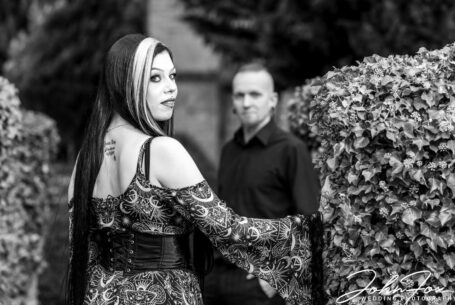 Louise and Jason in the grounds at Moreteyne Manor in Bedfordshire on their pre-wedding shoot.