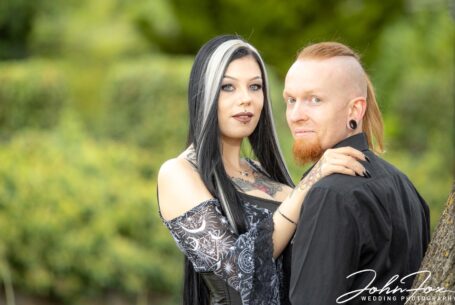 Louise and Jason, the bride and groom-to-be, in the grounds at Moreteyne Manor in Bedfordshire.