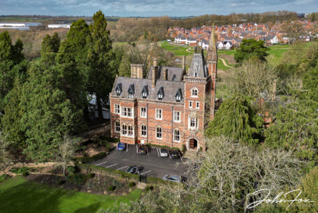 Wedding Photography at Brownsover Hall in Warwickshire by John Fox. An aerial shot of the Grade II listed Gothic-style mansion from John's drone.