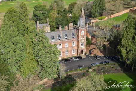 Aerial shot of Brownsover Hall in Warwickshire after its recent reopening due to interior redesign.