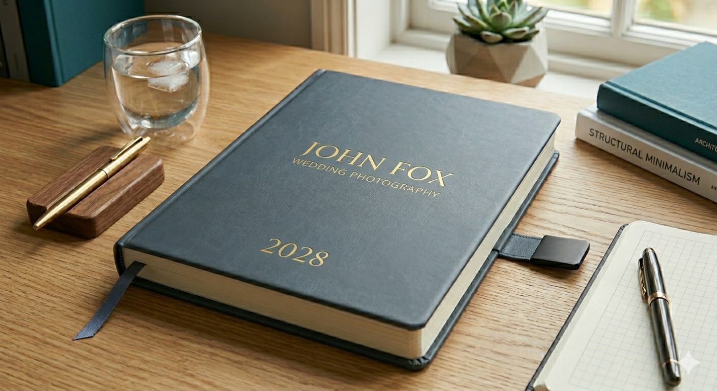 Trusted wedding photographer near you in the UK. Image of a 2028 work diary on a desk with John Fox Wedding Photography on the front cover in gold foiling.