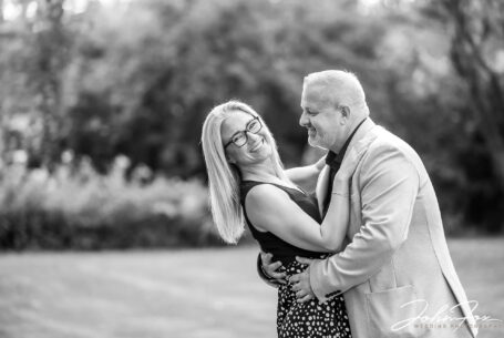 Lynn and Ian holding each other in the gardens at The Five Bells Pub in Bedfordshire