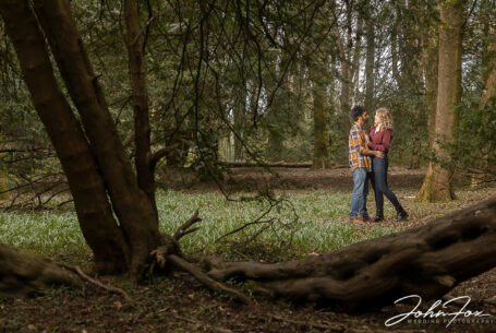 Pre-wedding and wedding photography Warwickshire by John Fox. Isobel and Roshan holding each other amongst the trees.