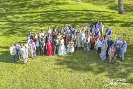 All of the wedding guests captured in an aerial at Abbey Hill Golf Centre, Milton Keynes, Buckinghamshire