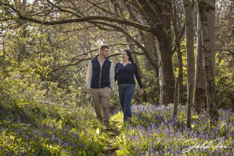 Pre-wedding image in Leicestershire woodland of the bride and groom to be, Paige and Reece, walking amongst the bluebells. Wedding Photographer covering Leicestershire, John Fox.