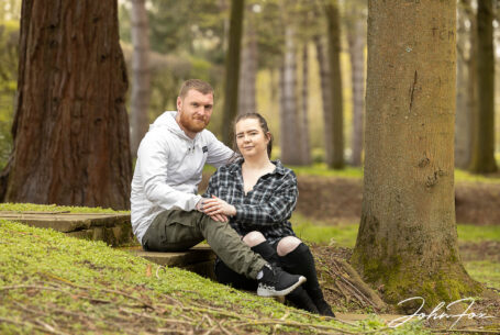 Wedding and Pre-wedding photography in Buckinghamshire. Jade and Lewis sitting in the Tree Cathedral in Milton Keynes.