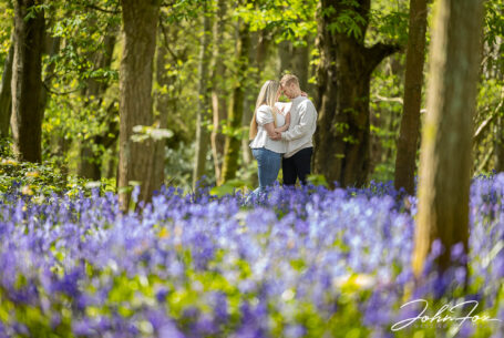John Fox: Wedding photographer covering Nottinghamshire. Pre-wedding shoot at Mapperley Reservoir's woodland area with bluebells in the foreground and the happy couple embracing in the woodland beyond.