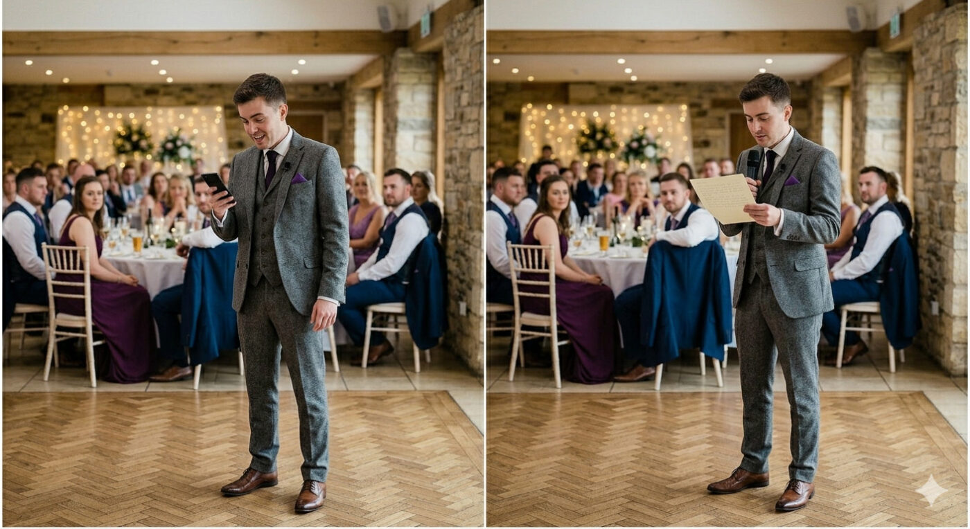 AI image used to demonstrate the difference in someone holding a phone or a printed speech at a wedding